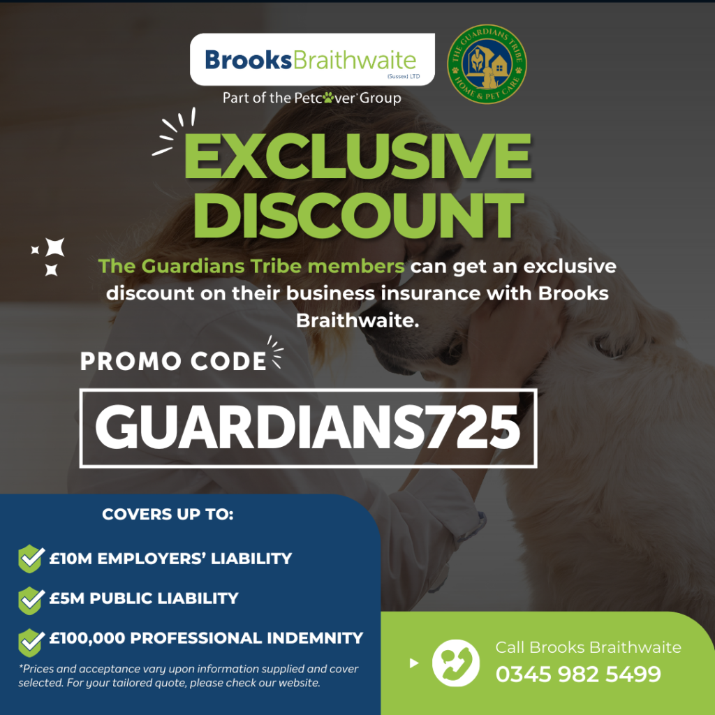 Brooks Braithwaite and The Guardians Tribe partnership graphic offering exclusive UK pet business insurance discounts with public liability, employers’ liability, and professional indemnity cover.