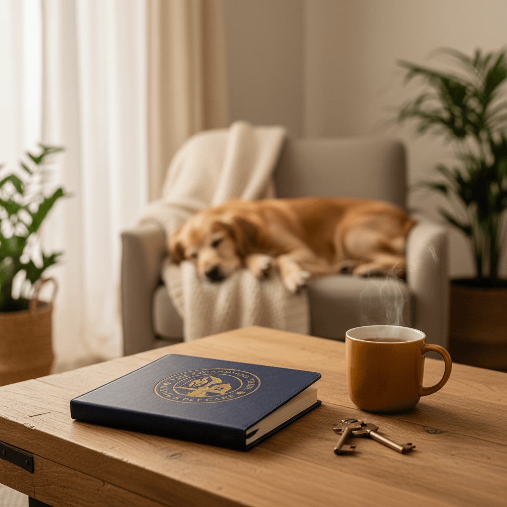 A peaceful home environment with a dog resting, house keys, and a notebook on a table, symbolising trust and responsible home and pet guardianship.