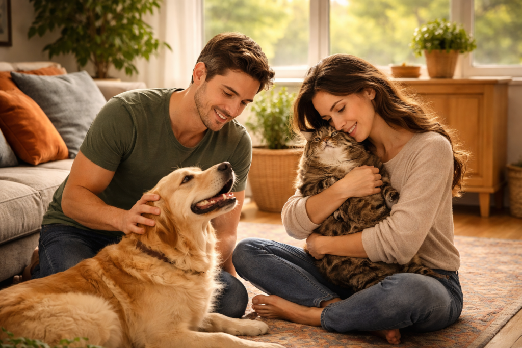 A natural, realistic photo of a couple sitting on the floor of a bright, lived-in home, gently caring for a golden retriever and a tabby cat, showing calm connection, trust, and attentive home and pet guardianship.