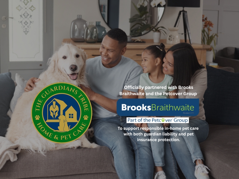 Family with their dog at home, alongside The Guardians Tribe and Brooks Braithwaite partnership logos, representing trusted in-home pet care and insurance support.