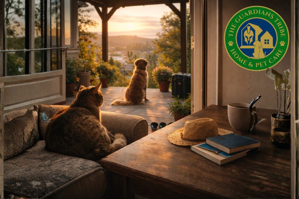 A calm, lived-in home interior at golden hour with a relaxed dog and cat resting together, conveying trust, care, and continuity while the homeowners are away.