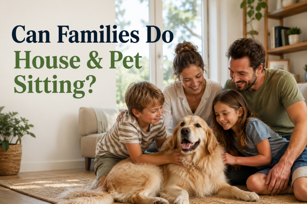 Family enjoying house and pet sitting with a friendly dog, showing how families can travel, connect and experience new places together.