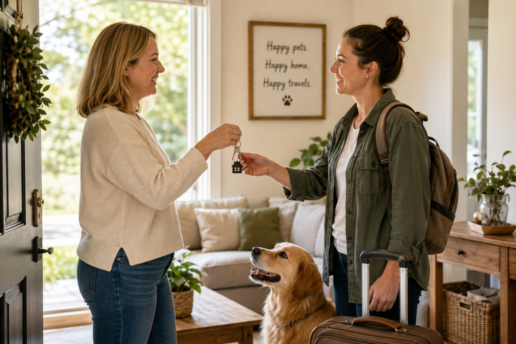 Homeowner handing keys to a Guardian for house and pet sitting without booking fees