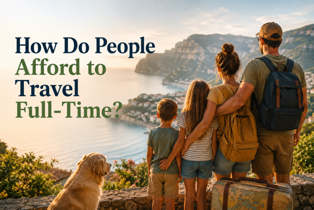 Family overlooking a coastal destination while exploring how people afford to travel full-time through house and pet sitting, flexible income and lifestyle choices.