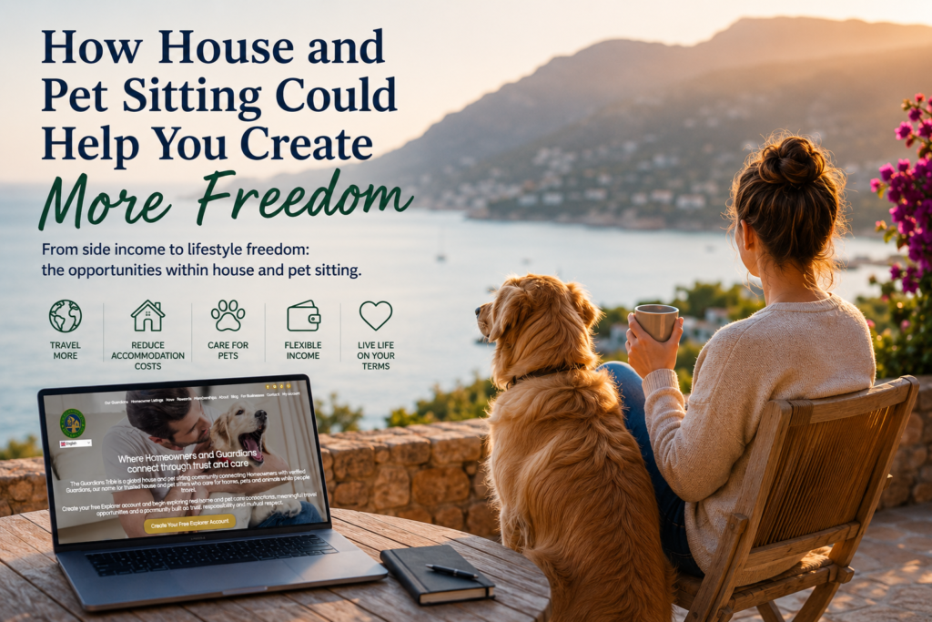 Woman and dog enjoying a location-independent lifestyle while exploring the freedom and opportunities that house and pet sitting can provide.