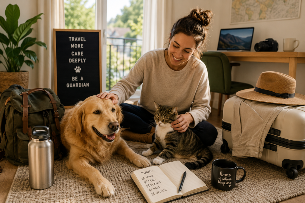 Guardian caring for a dog and cat while travelling through home and pet care