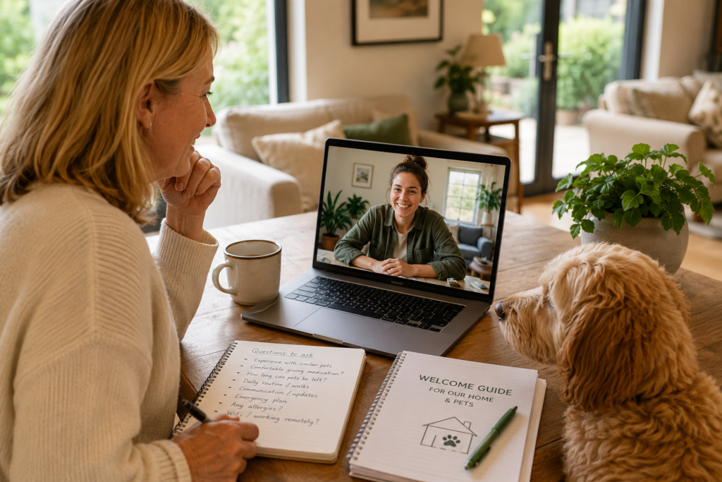 Homeowner choosing the right Guardian through a video call for trusted home and pet care