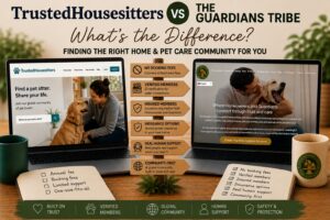 TrustedHousesitters vs The Guardians Tribe comparison showing mutual exchange house and pet sitting, verified members, insurance and human support.