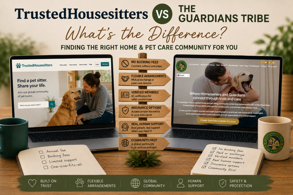 TrustedHousesitters vs The Guardians Tribe comparison image showing both platforms on laptops with The Guardians Tribe logo and key home and pet care benefits.