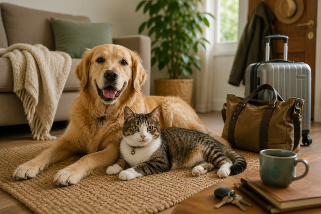 House and pet sitting with a dog and cat relaxing at home while homeowners travel