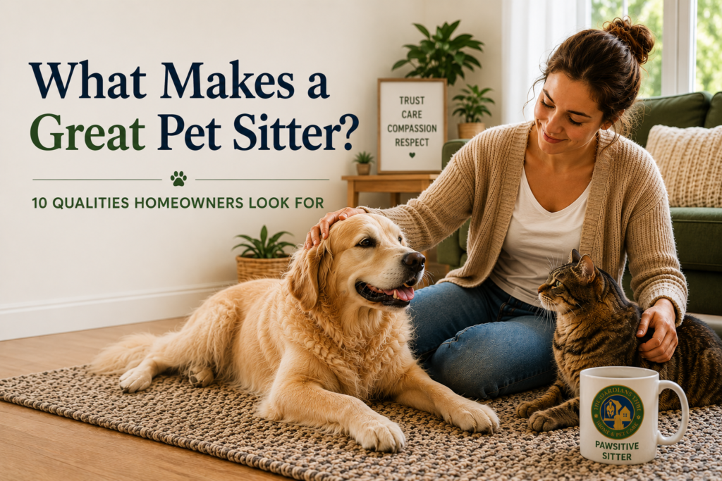 Woman caring for a dog and cat in a home environment alongside the 10 qualities Homeowners look for in a trusted pet sitter.