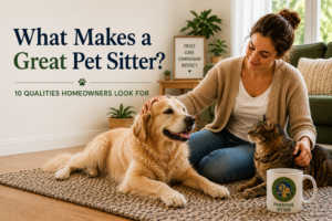 Woman caring for a dog and cat in a home environment alongside the 10 qualities Homeowners look for in a trusted pet sitter.