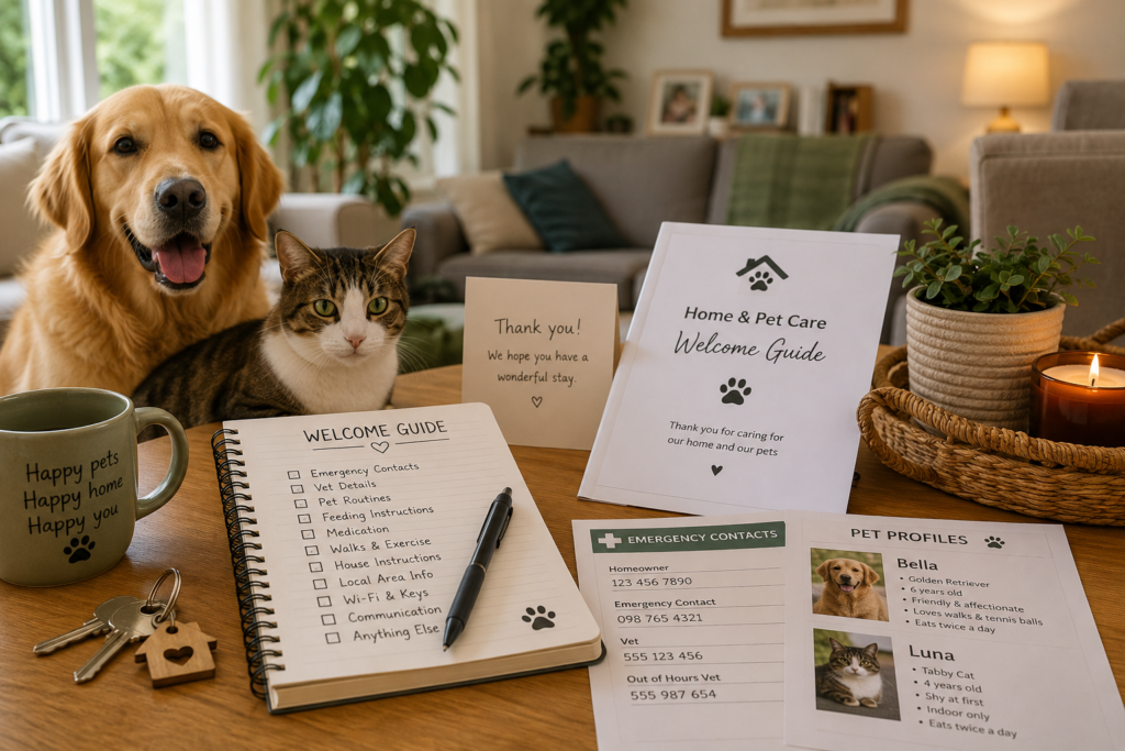 Home and pet care welcome guide with dog and cat for trusted pet care while travelling