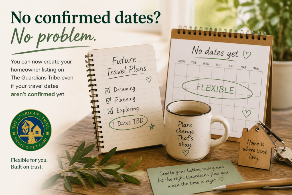 Graphic showing a flexible travel calendar, notebook and home key with the message that homeowners can create a listing on The Guardians Tribe even without confirmed travel dates.