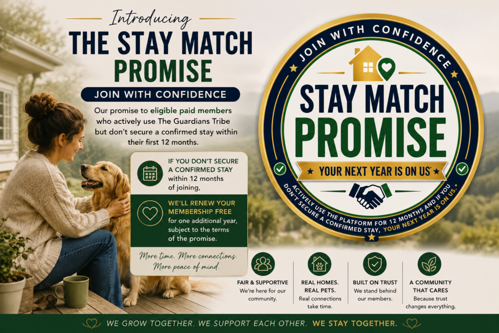 Promotional image for The Guardians Tribe Stay Match Promise, showing the promise badge and explaining that eligible paid members may receive an additional year free if they do not secure a confirmed stay within 12 months.
