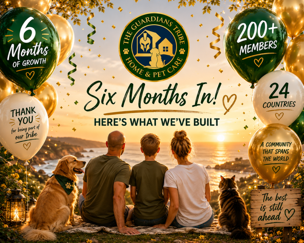 The Guardians Tribe six month milestone celebration showing over 200 members across 24 countries, a family with pets, balloons, and a global home and pet care community.