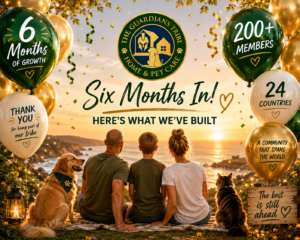 The Guardians Tribe six month milestone celebration showing over 200 members across 24 countries, a family with pets, balloons, and a global home and pet care community.