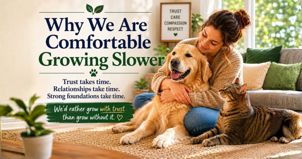 Woman sitting with a dog and cat in a cosy home, representing trust, care and the slower growth philosophy behind The Guardians Tribe home and pet care community.