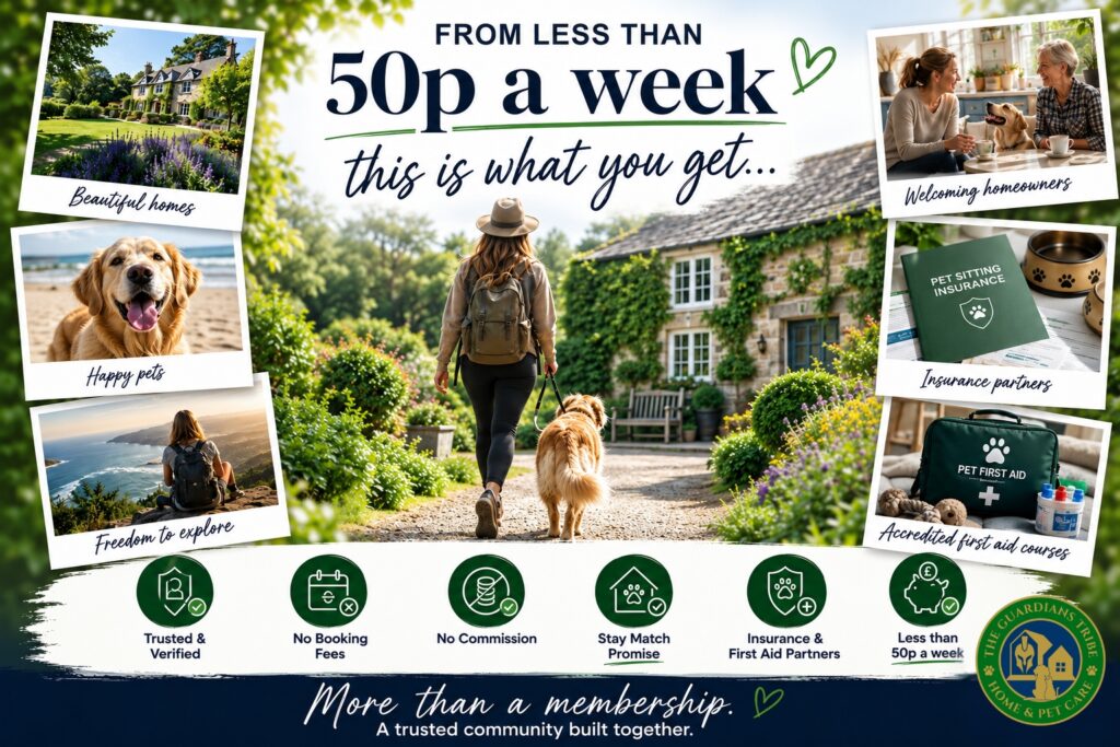 Guardian walking a golden retriever towards a country home, highlighting The Guardians Tribe membership from less than 50p a week.