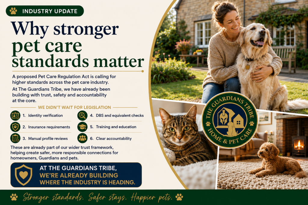 The Guardians Tribe graphic explaining stronger pet care standards, including identity verification, insurance, manual profile reviews, DBS checks, training and accountability.